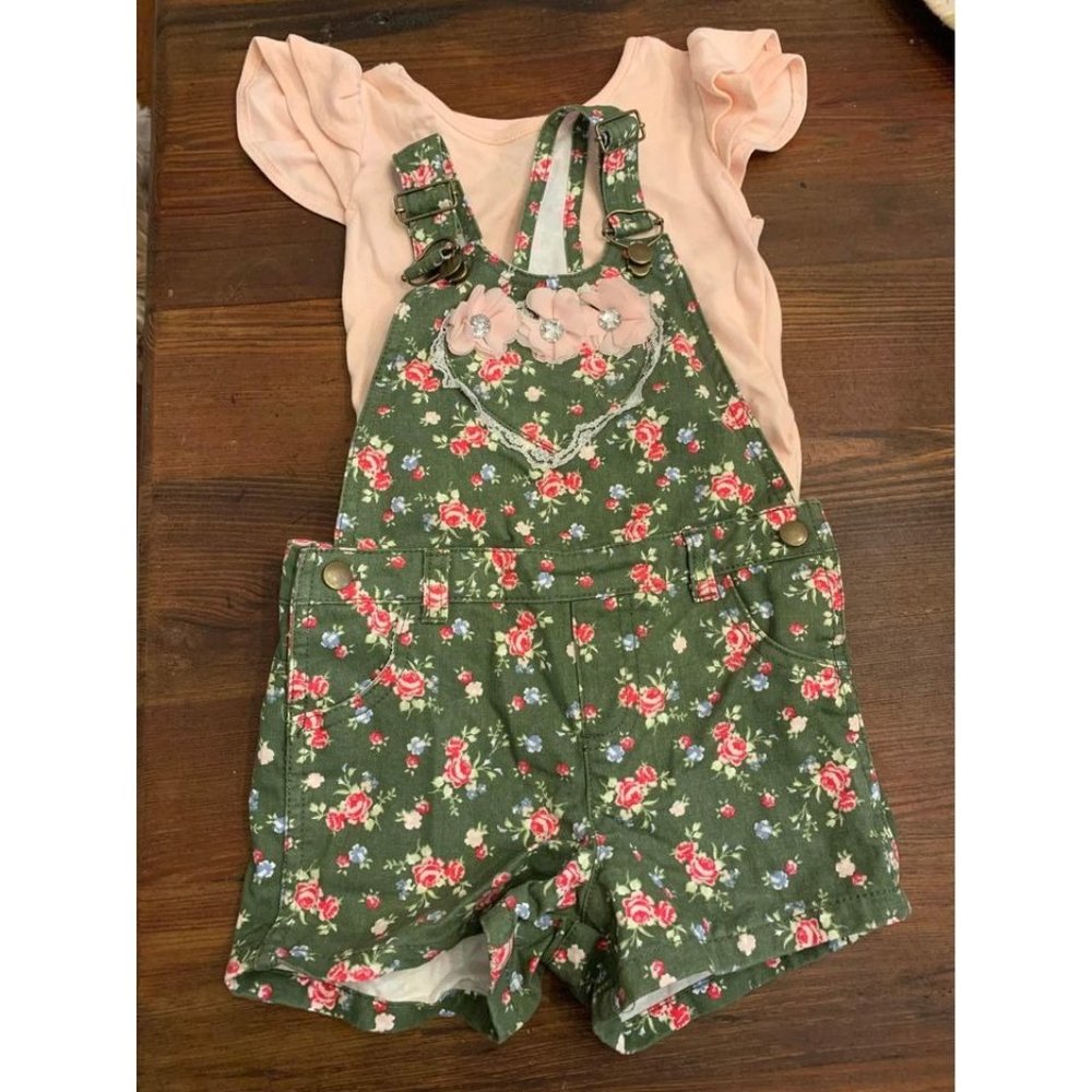 Little lass floral overalls set, size girls 4T pink green (bin D)